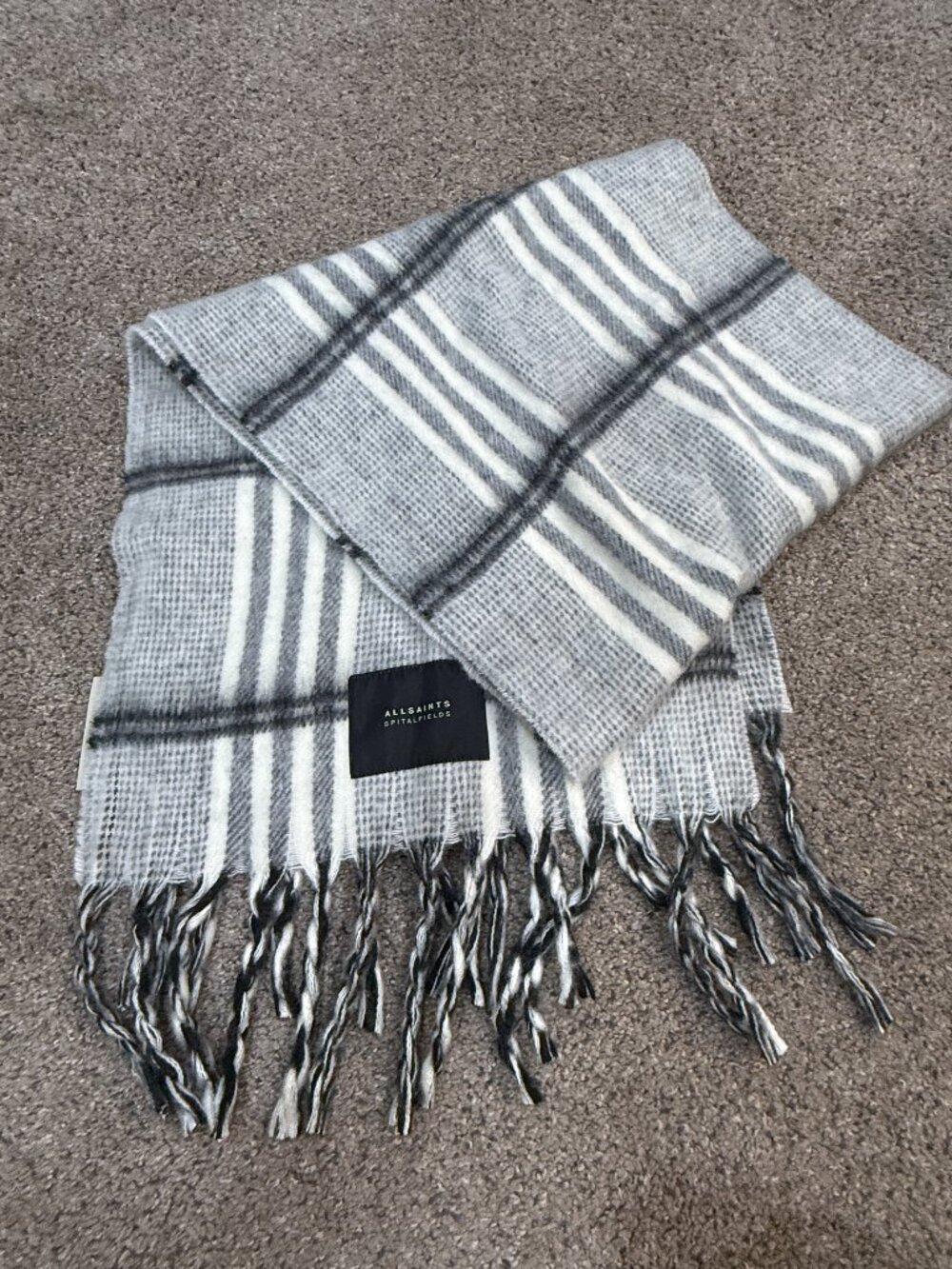 AllSaints Oversized Gray Plaid Wool Blend Scarf White Charcoal Fringe NWT